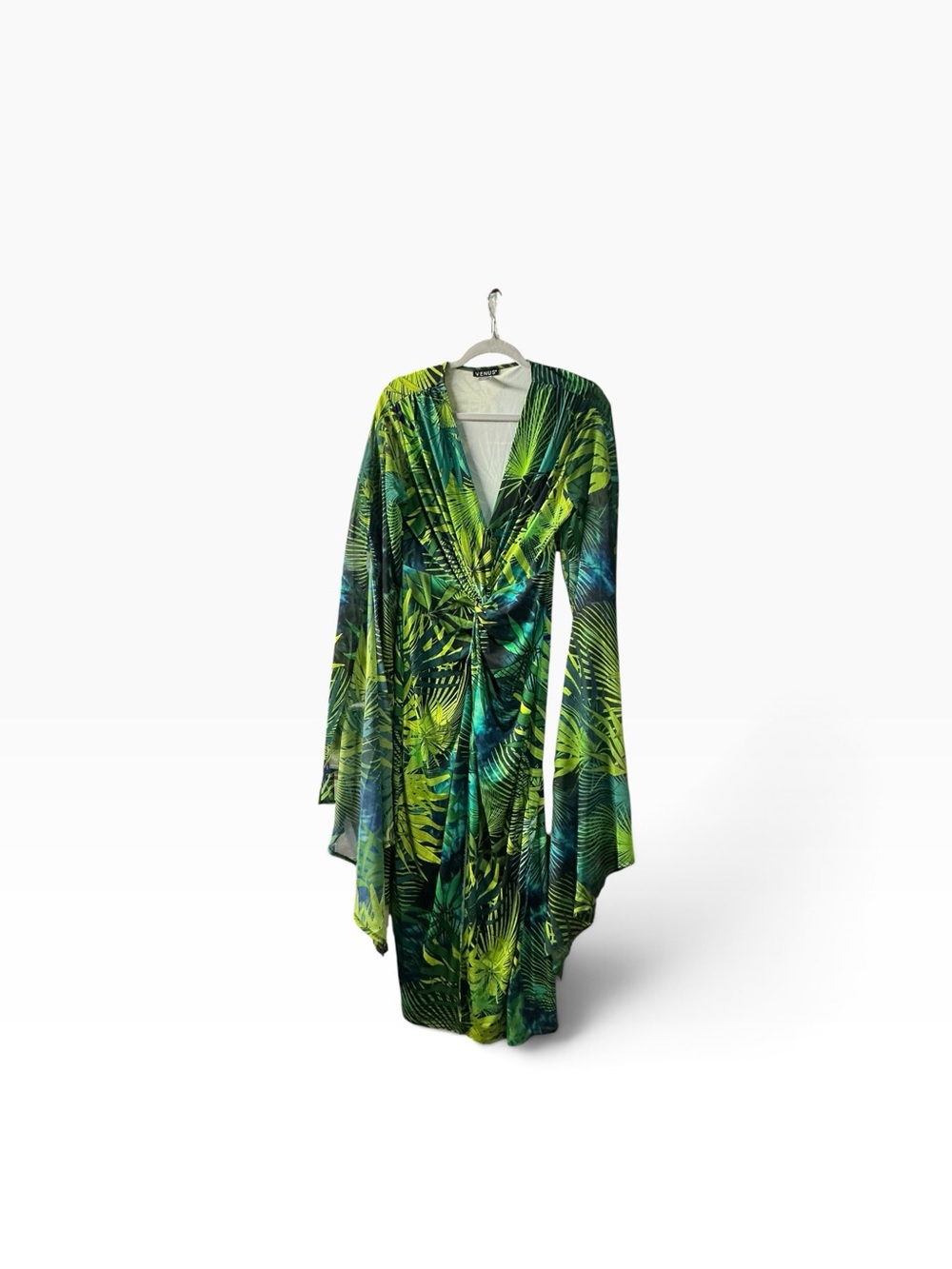 Venus Tropical Palm Leaf Print Long Sleeve Maxi Dress Size M